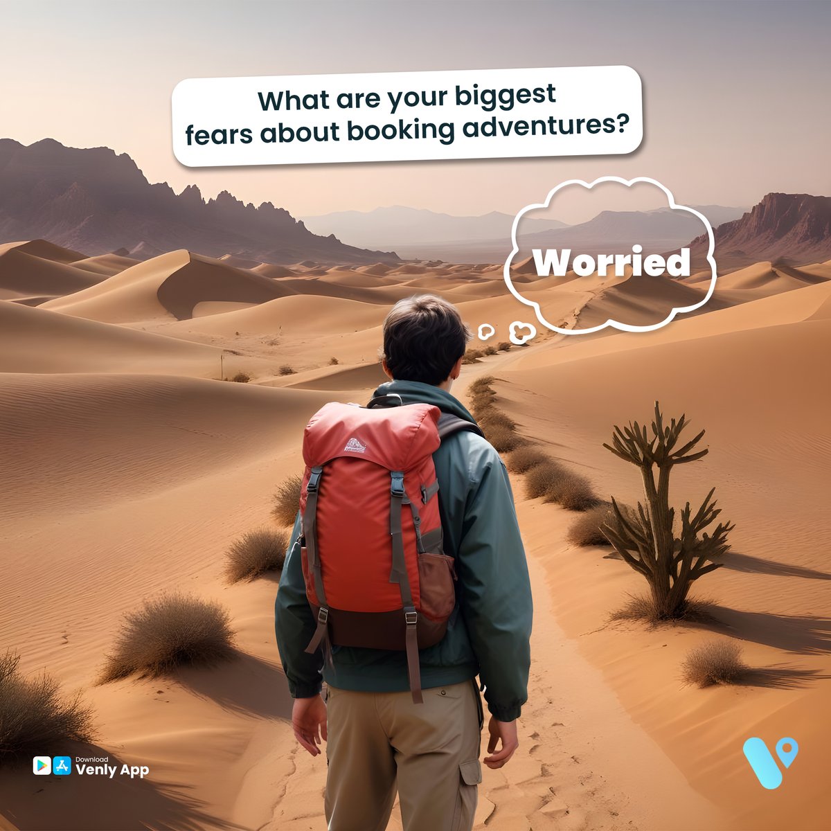 Venlyapp's tweet image. Let's talk about adventure jitters! 
What are some things that hold you back from booking that dream trip?

شنو الأشياء اللي تخليك تتردد قبل ما تحجز مغامرتك؟ 

#DohaEvent #Qatar #booktickets #qatarsports #adventure #bookingapp #bookanything #Eventbooking #Doha #Booknow