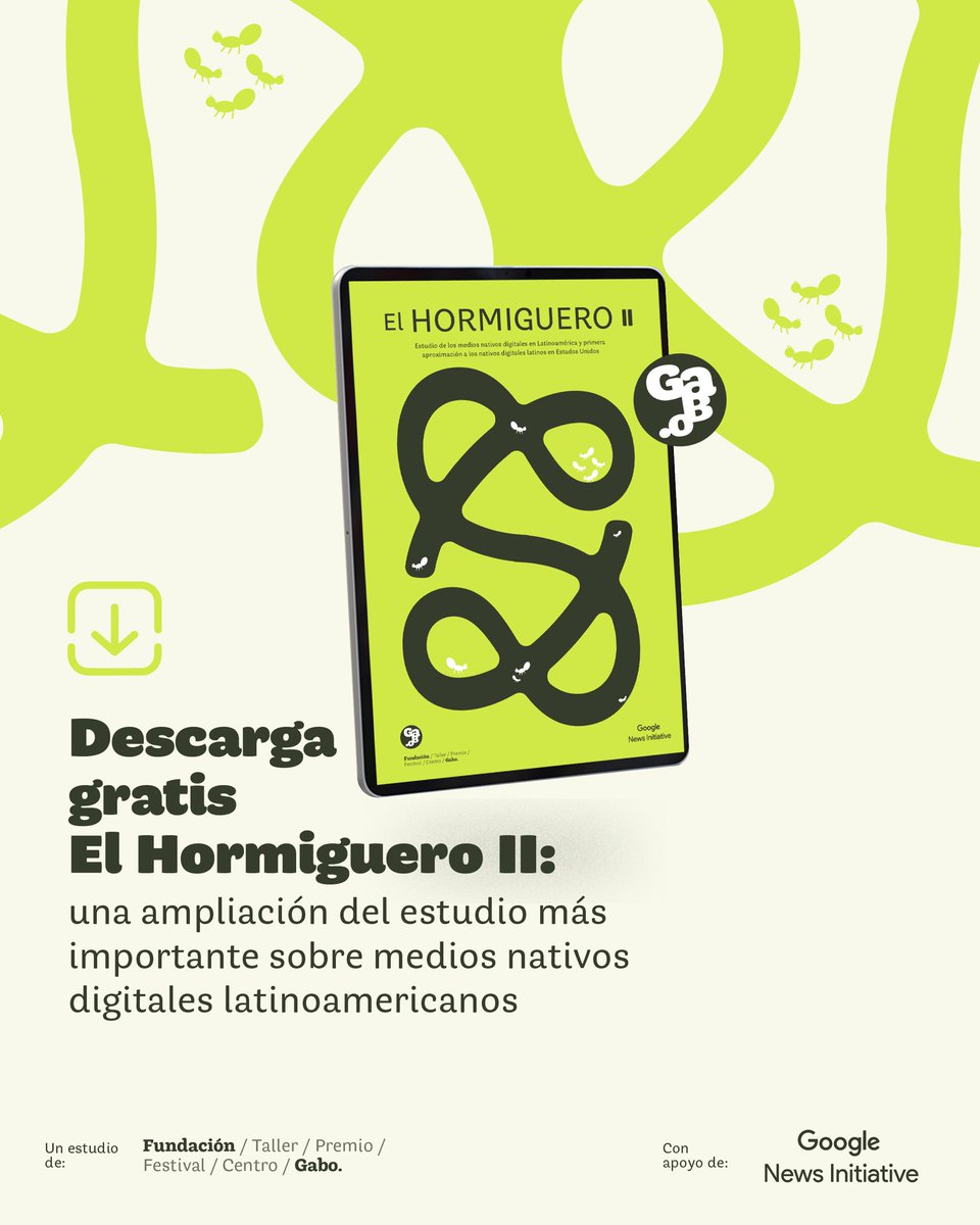 FundacionGabo's tweet photo. 🌎¡Llega #ElHormiguero2! 🙌 Una ampliación del estudio de medios nativos digitales más importante de la región. 

Conoce el análisis de estos medios en 5⃣ nuevos países de Latinoamércia, descargándolo gratis 👉🏽https://t.co/sEwzyzcRdK https://t.co/lbln821Ufj