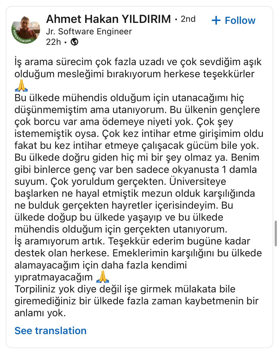 Oyun sektörünü geçtim yazılım sektörünün geldiği son durum… Etrafımda işi veya motivasyonu olan tanıdığım yok. İşi olan da her an bitebilme olasılığından korkuyor. Bitmeyecek olan da korkunç koşullarda çalışıyor. Sonu ne olur bilmem ama insanın motivasyonunu yerle bir eden bir