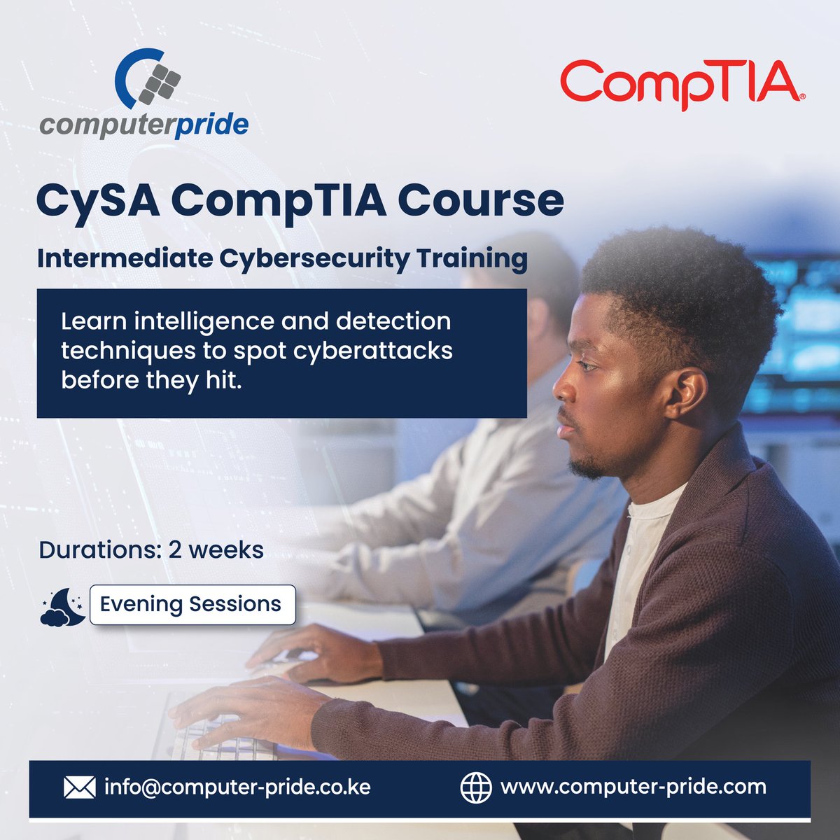 Computer_Pride's tweet image. Enhance your cybersecurity skills with our comprehensive CySA course with evening sessions for 2 weeks.
📞 +254 705 900 900/ +254 708 414 141 / +256 741 494 145
✉️ info@computer-pride.co.ke
✉️ uganda@computer-pride.co.ug
✉️ mombasa@computer-pride.co.ke
#CompTIA #CySA