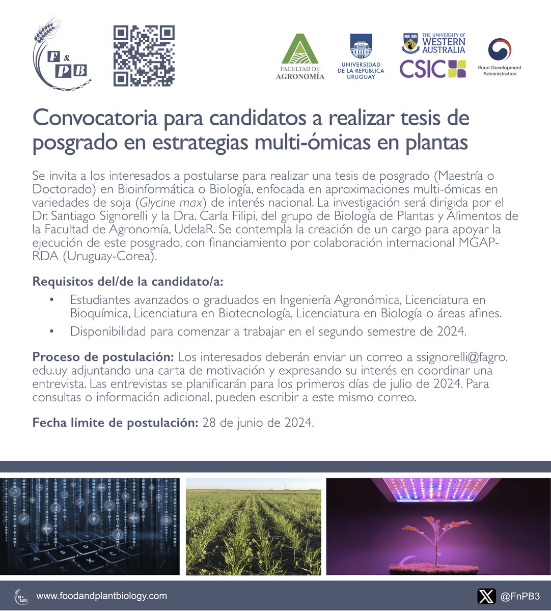 Paola Gaiero (@paolagaiero) on Twitter photo Interesante llamado a estudiantes de posgrado con perfil de Genómica y multi-ómicas en <a href="/FagroUdelar/">Facultad Agronomía</a> con <a href="/santisignorelli/">Santiago Signorelli</a> en el marco del proyecto <a href="/FnPB3/">FnPB</a>
¡Postulate antes del 28/6! Interesante llamado a estudiantes de posgrado con perfil de Genómica y multi-ómicas en <a href="/FagroUdelar/">Facultad Agronomía</a> con <a href="/santisignorelli/">Santiago Signorelli</a> en el marco del proyecto <a href="/FnPB3/">FnPB</a>
¡Postulate antes del 28/6!