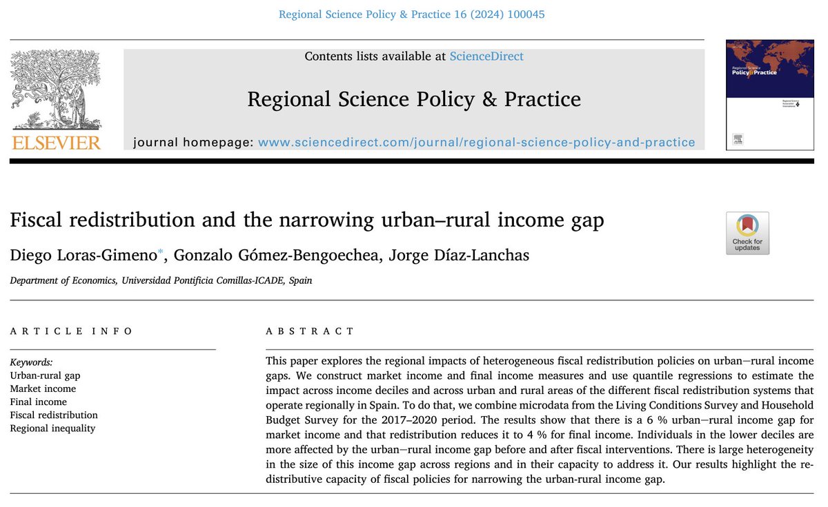 Diego Loras 🌾 (@diegolg22) on Twitter photo 😃 Happy to see my first paper published together with <a href="/GGBengoechea/">Gonzalo Gómez Bengoechea</a> and <a href="/jorge_lanchas/">Jorge Díaz Lanchas</a>, in the <a href="/RSPP_RSAI/">Regional Science Policy & Practice (RSPP)</a> journal.
🌾 We measure and analyze the urban-rural income gap in Spain by deciles and regions.
📄 Free access here: sciencedirect.com/science/articl… 😃 Happy to see my first paper published together with <a href="/GGBengoechea/">Gonzalo Gómez Bengoechea</a> and <a href="/jorge_lanchas/">Jorge Díaz Lanchas</a>, in the <a href="/RSPP_RSAI/">Regional Science Policy & Practice (RSPP)</a> journal.
🌾 We measure and analyze the urban-rural income gap in Spain by deciles and regions.
📄 Free access here: sciencedirect.com/science/articl…