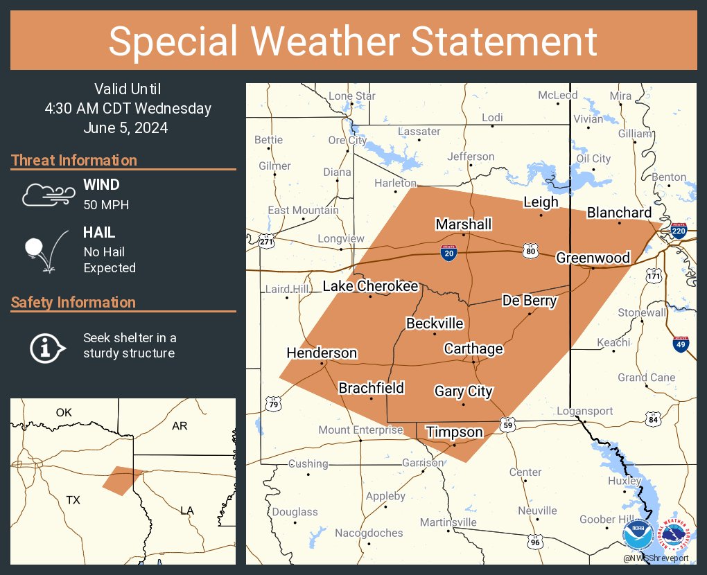 A special weather statement has been issued for Marshall TX, Henderson TX and Carthage TX until 4:30 AM CDT