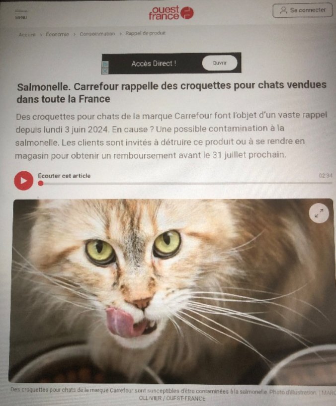 PatrickIMBERT7's tweet photo. ALERTE CROQUETTES POUR CHATS DE LA MARQUE "CARREFOUR" CONTAMINÉES À LA SALMONELLE. . . DANGER DE MORT ! MERCI DE FAIRE PASSER LE MESSAGE SUR LES RÉSEAUX SOCIAUX. Patrick 👋 https://t.co/epIMTsd297