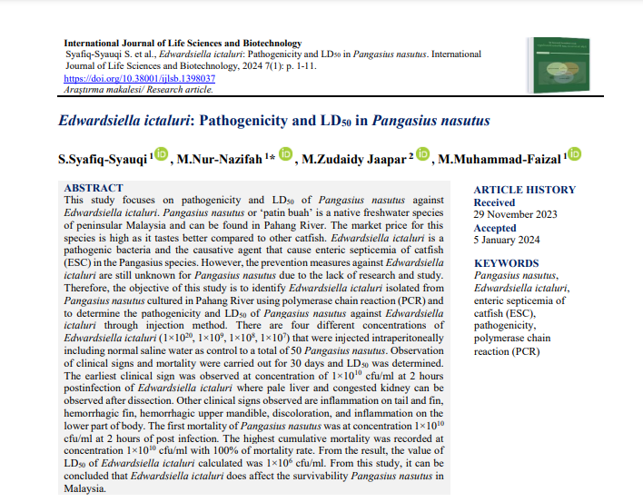 int_sci's tweet photo. Edwardsiella ictaluri: Pathogenicity and LD50 in Pangasius nasutus

Authors: S.Syafiq-Syauqi, M.Nur-Nazifah, M.Zudaidy Jaapar, M.Muhammad-Faiza

#Pangasiusnasutus #Edwardsiellaictaluri #entericsepticemiaofcatfish #ESC #pathogenicity #PCR #marinescience 

https://t.co/kSBL7kyBTA https://t.co/NrmeuIAGyO