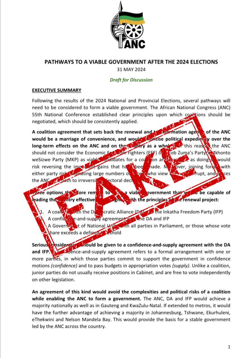 FAKE NEWS ALERT ‼️

We can confirm that the below document and other similar documents circulating on social media are fraudulent and do not emanate from any internal office of the ANC.