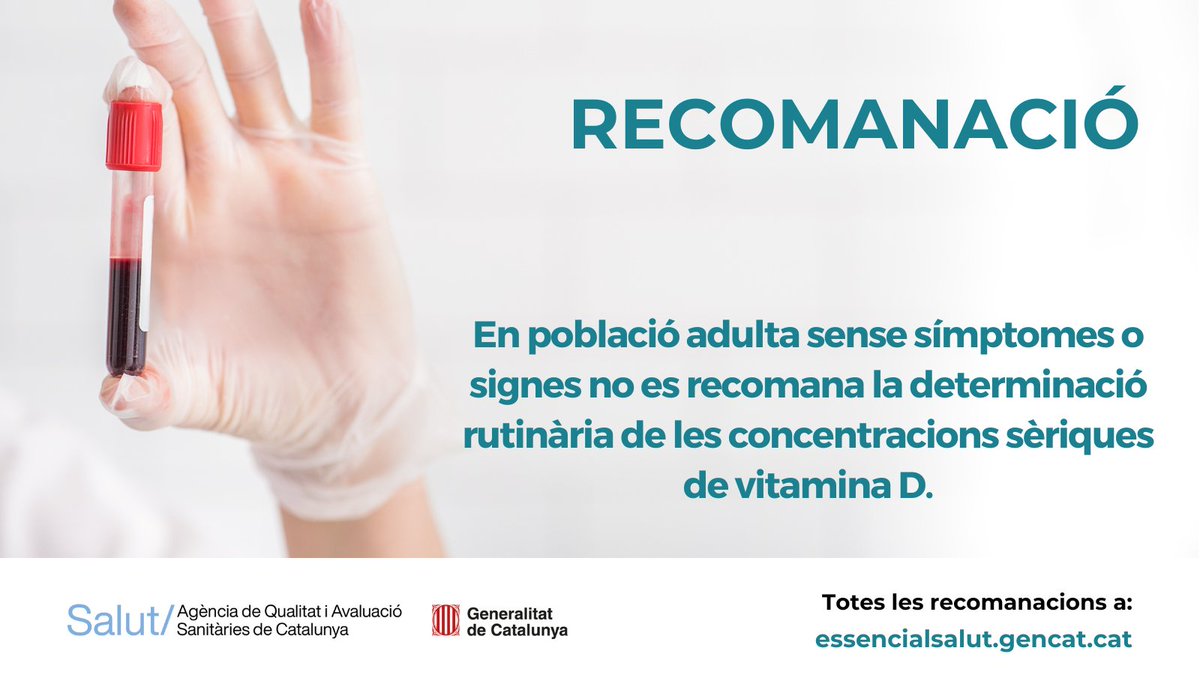 🆕 Determinació de la concentració sèrica de vitamina D en persones.

Consulta la nova actualització d'una recomanació Essencial que acabem de publicar.

essencialsalut.gencat.cat/ca/detalls/Art…

#EssencialSalut