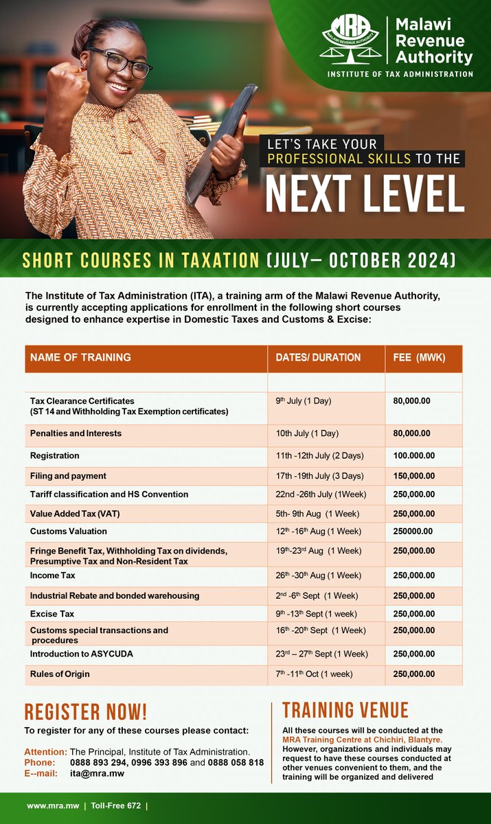 Enrol for a Short Course in Taxation with the Institute of Tax Administration. For details visit bit.ly/4bLww1o #ITA #MRAMalawi #taxtrainings #Malawi