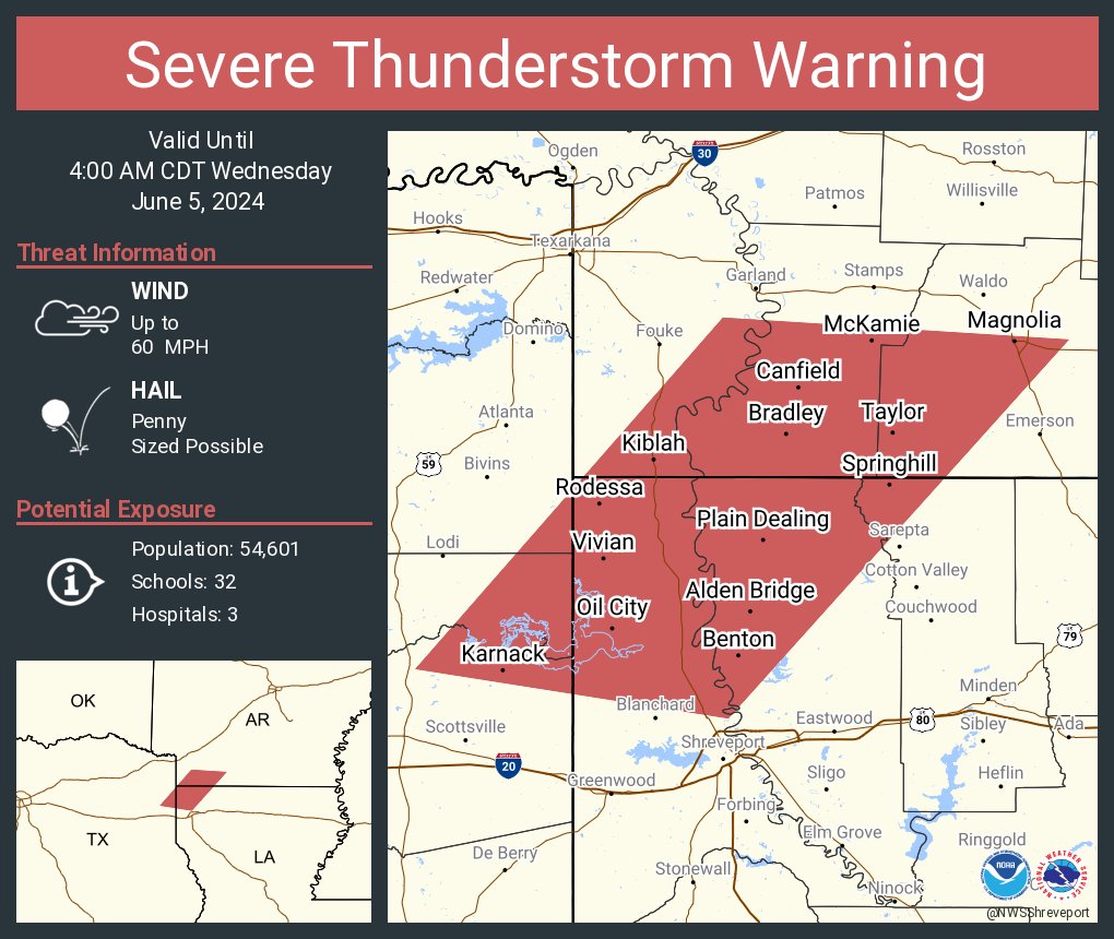 Severe Thunderstorm Warning continues for Magnolia AR, Springhill LA and Vivian LA until 4:00 AM CDT