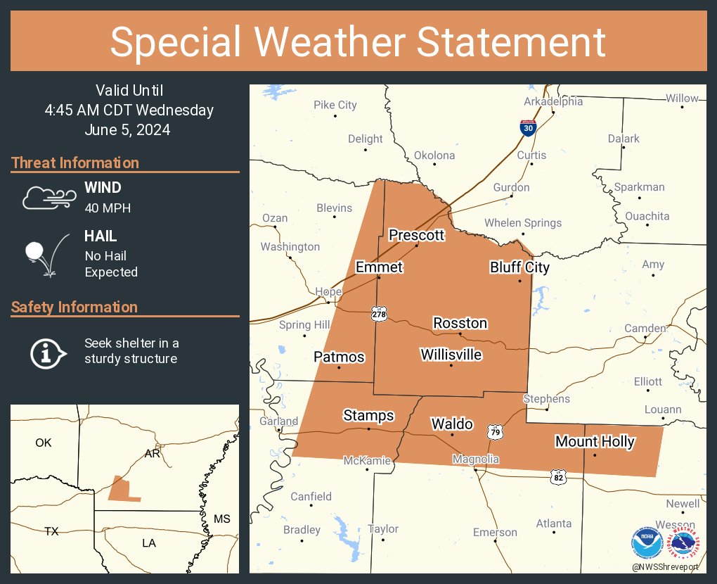 A special weather statement has been issued for Prescott AR, Stamps AR and Waldo AR until 4:45 AM CDT