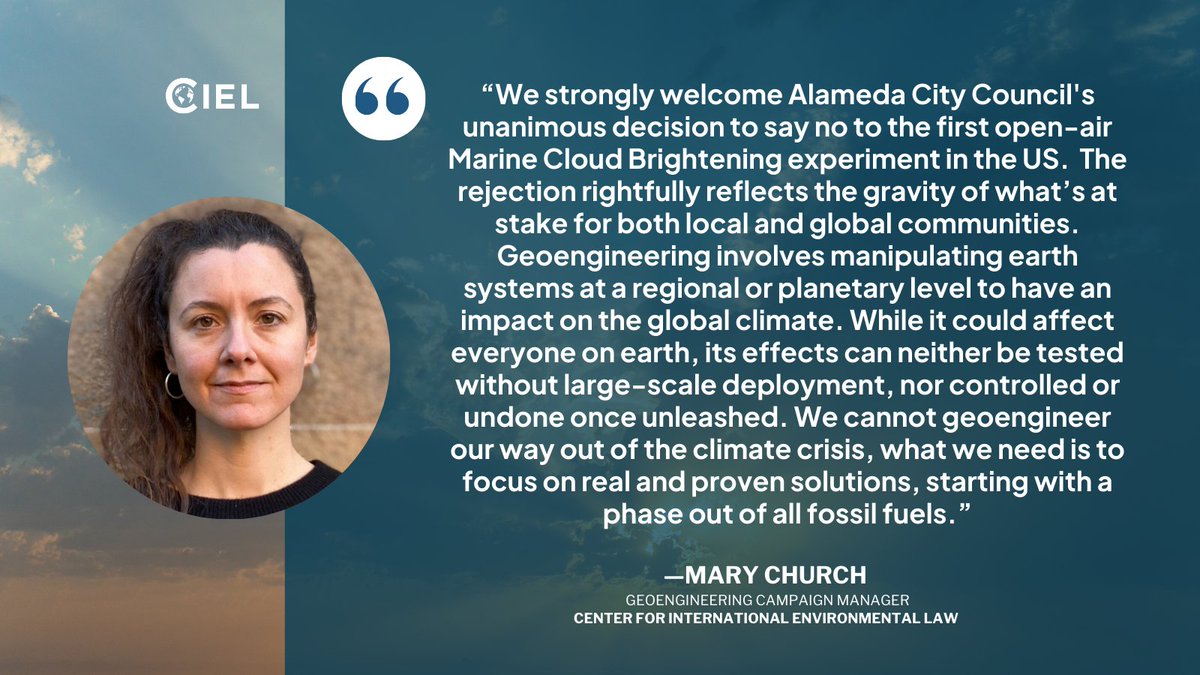 ciel_tweets's tweet photo. CIEL’s @mmachch reacts to @CityofAlameda's
unanimous rejection of the US’ first proposed Cloud Brightening Experiment. #Geoengineering https://t.co/u4XuVF7FbQ
