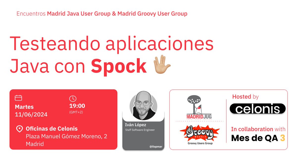🚨 Nuevo meetup 🚨

⭐️ Testeando aplicaciones Java con <a href="/spockframework/">Spock Framework</a> 🖖🏼
🗣️ Iván López <a href="/ilopmar/">Iván López</a>

📅 Martes 11 Jun 19:00
📍 Oficinas de Celonis

🧑🏼‍🤝‍🧑🏼 Presencial: meetup.com/madrid-gug/eve…

#testing #jvm #java #groovylang