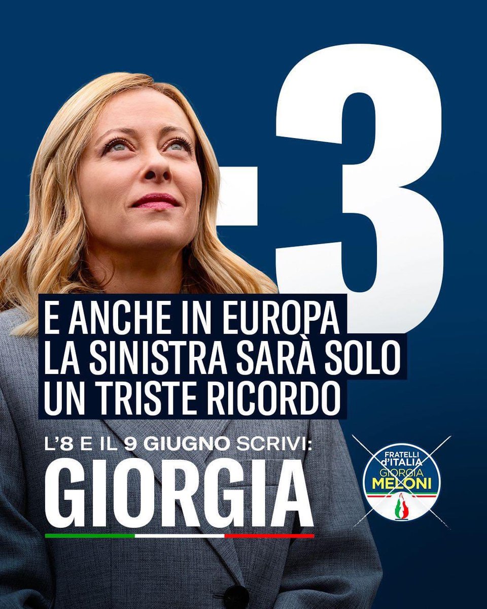 FratellidItalia's tweet photo. 🔵 Sabato e domenica voltiamo pagina in Europa. Scrivi Giorgia.

#scriviGiorgia #VotaFDI https://t.co/0Y1cLZW8KO