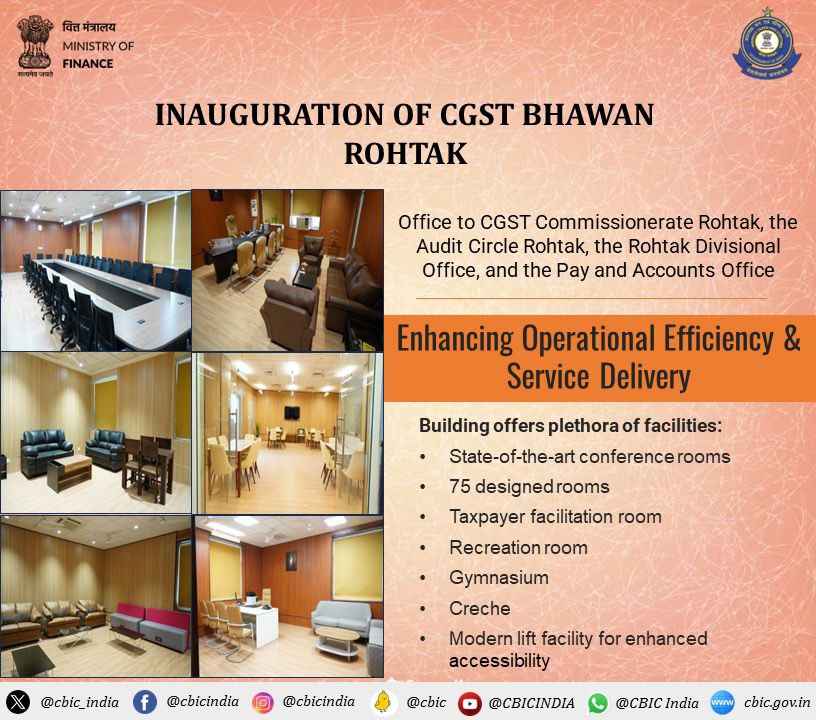 PIB in Chandigarh (@pibchandigarh) on Twitter photo <a href="/cgstpklzone/">CGST & CX Zone, Panchkula.</a> <a href="/dghrd_cbic/">DGHRD CBIC</a> <a href="/FinMinIndia/">Ministry of Finance</a> <a href="/DDNewsHaryana/">DD News Haryana</a> <a href="/cmohry/">CMO Haryana</a> <a href="/cbic_india/">CBIC</a> <a href="/MIB_India/">Ministry of Information and Broadcasting</a> <a href="/PIB_India/">PIB India</a> <a href="/DDnewschd/">DD News, Chandigarh</a> <a href="/dipro_rohtak/">DIPRO Rohtak</a> <a href="/DiprHaryana/">DPR Haryana</a> <a href="/GST_Council/">GST Council</a> <a href="/CgstRohtak/">Central GST, Rohtak.</a> <a href="/AirRohtak/">AIR Rohtak</a> <a href="/nsitharamanoffc/">Nirmala Sitharaman Office</a> CGST Bhawan, #Rohtak (Haryana)is committed to enhancing operational efficiency and service delivery, setting new benchmarks in the GST framework.
#GSTReforms <a href="/CgstRohtak/">Central GST, Rohtak.</a> <a href="/cgstpklzone/">CGST & CX Zone, Panchkula.</a> <a href="/csharyana/">Chief Secretary Haryana</a> <a href="/DiprHaryana/">DPR Haryana</a> <a href="/DDNewsHaryana/">DD News Haryana</a> <a href="/airnews_chd/">Akashvani News Chandigarh</a> <a href="/dipro_rohtak/">DIPRO Rohtak</a> #Haryana <a href="/cgstpklzone/">CGST & CX Zone, Panchkula.</a> <a href="/dghrd_cbic/">DGHRD CBIC</a> <a href="/FinMinIndia/">Ministry of Finance</a> <a href="/DDNewsHaryana/">DD News Haryana</a> <a href="/cmohry/">CMO Haryana</a> <a href="/cbic_india/">CBIC</a> <a href="/MIB_India/">Ministry of Information and Broadcasting</a> <a href="/PIB_India/">PIB India</a> <a href="/DDnewschd/">DD News, Chandigarh</a> <a href="/dipro_rohtak/">DIPRO Rohtak</a> <a href="/DiprHaryana/">DPR Haryana</a> <a href="/GST_Council/">GST Council</a> <a href="/CgstRohtak/">Central GST, Rohtak.</a> <a href="/AirRohtak/">AIR Rohtak</a> <a href="/nsitharamanoffc/">Nirmala Sitharaman Office</a> CGST Bhawan, #Rohtak (Haryana)is committed to enhancing operational efficiency and service delivery, setting new benchmarks in the GST framework.
#GSTReforms <a href="/CgstRohtak/">Central GST, Rohtak.</a> <a href="/cgstpklzone/">CGST & CX Zone, Panchkula.</a> <a href="/csharyana/">Chief Secretary Haryana</a> <a href="/DiprHaryana/">DPR Haryana</a> <a href="/DDNewsHaryana/">DD News Haryana</a> <a href="/airnews_chd/">Akashvani News Chandigarh</a> <a href="/dipro_rohtak/">DIPRO Rohtak</a> #Haryana