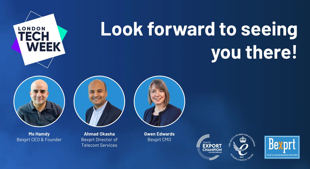 Bexprt_Ltd's tweet photo. Looking forward to  @LondonTechWeek  - see you there!

#Bexprt ◦ 𝗬𝗼𝘂𝗿 𝗰𝗹𝗼𝘂𝗱 𝗯𝘂𝘀𝗶𝗻𝗲𝘀𝘀 𝗽𝗮𝗿𝘁𝗻𝗲𝗿
Specialising in Advanced Analytics, Generative-AI, Resilience &amp; Telco Cloud ◦ UK HQ, with regional office and team in #Riyadh

#ExportChampion #KingsAward https://t.co/LWAt9z2NuJ