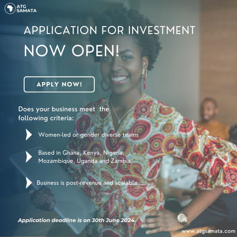 Catalytic Africa (@africacatalytic) on Twitter photo 🎉Applications are now OPEN! 
ATG Samata is calling on women-led & gender-diverse teams in Ghana, Kenya, Nigeria, Mozambique, Uganda & Zambia with scalable, post-revenue businesses to submit their applications!
Details 👉 wkf.ms/4b8zk8c
Deadline 👉30th June 2024 🎉Applications are now OPEN! 
ATG Samata is calling on women-led & gender-diverse teams in Ghana, Kenya, Nigeria, Mozambique, Uganda & Zambia with scalable, post-revenue businesses to submit their applications!
Details 👉 wkf.ms/4b8zk8c
Deadline 👉30th June 2024