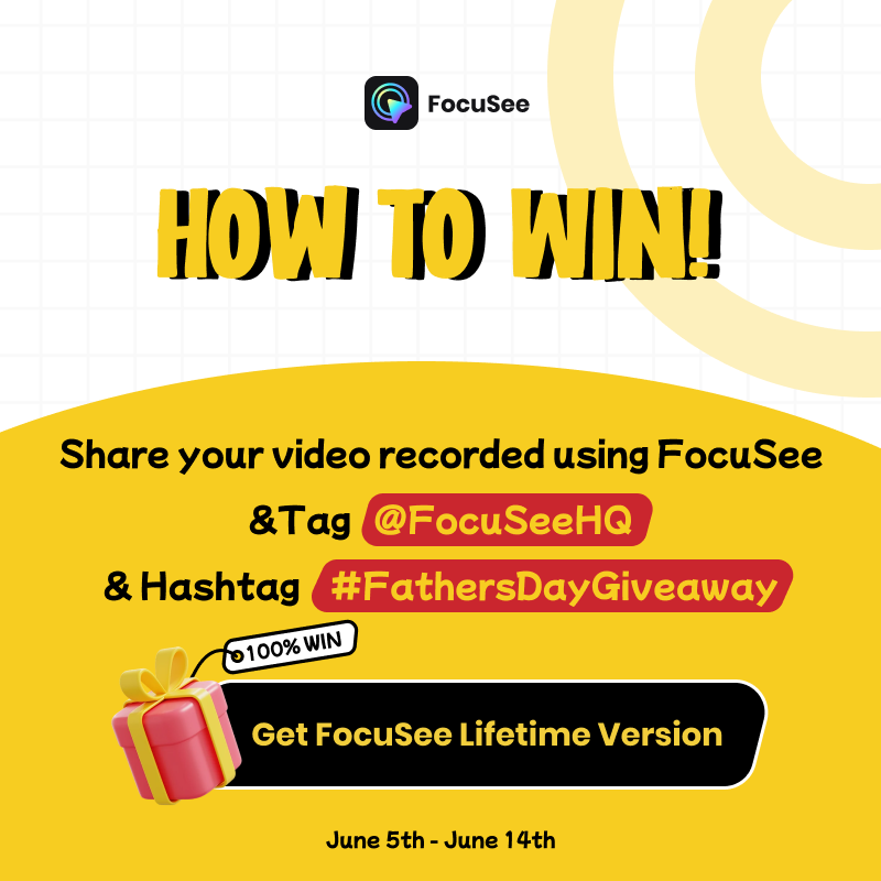 FocuSeeHQ's tweet image. 🌟𝟭𝟬𝟬% 𝑮𝒆𝒕 𝑭𝒐𝒄𝒖𝑺𝒆𝒆 𝑳𝒊𝒇𝒆𝒕𝒊𝒎𝒆 𝑽𝒆𝒓𝒔𝒊𝒐𝒏

𝑯𝒐𝒘 𝒕𝒐 𝒘𝒊𝒏？
Step ①: Share your video recorded using FocuSee 
Step ②: Tag @FocuSeeHQ &amp;amp; Hashtag #FathersDayGiveaway

#FocuSee #FathersDayGiveaway #Giveaway
Good Luck!🤞