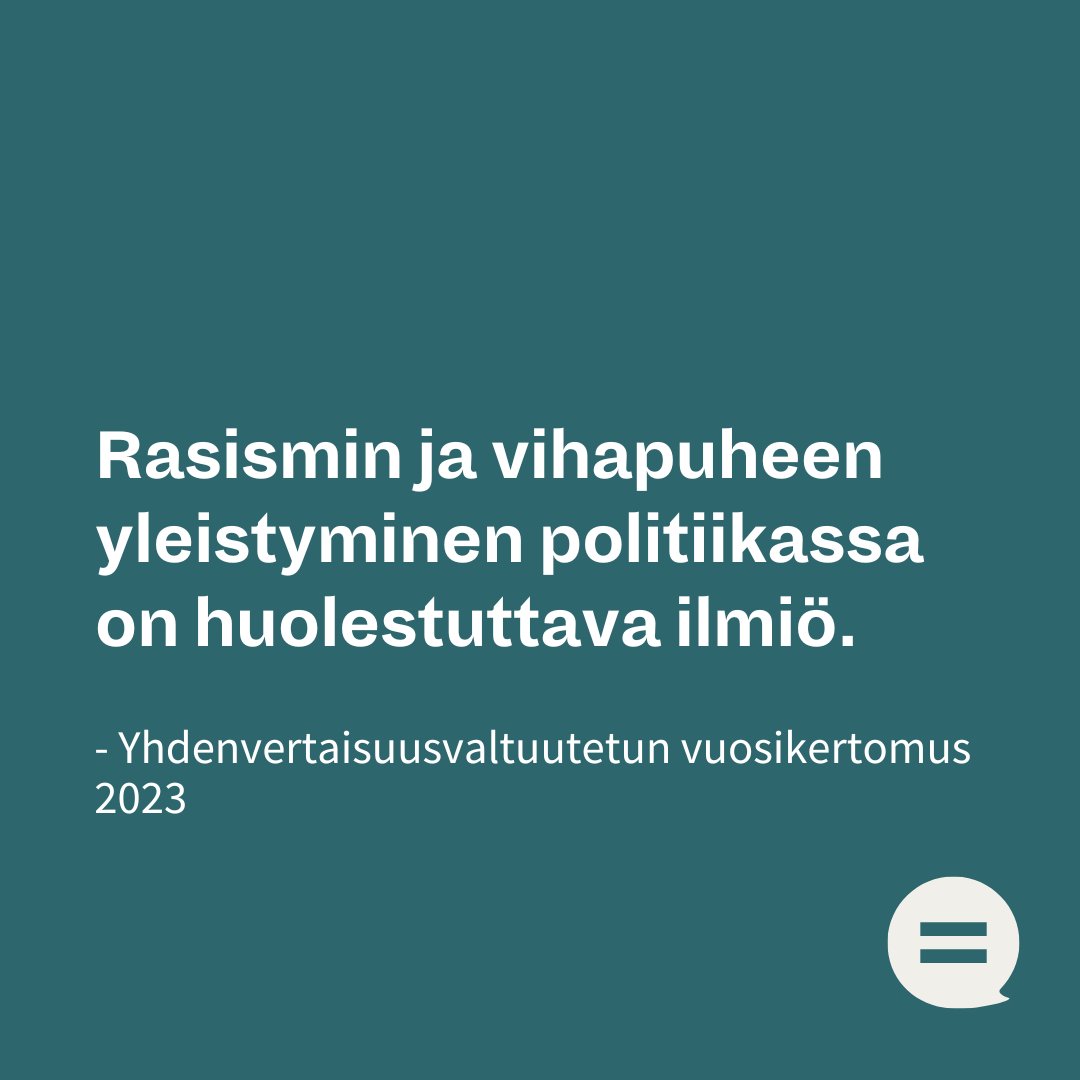 Yhdenvertaisuusvaltuutettu on tänään antanut valtioneuvostolle vuoden 2023 vuosikertomuksen. Valtuutettu on myös huolissaan siitä, että rasismi ja vihapuhe uhkaavat normalisoitua politiikassa. Lue lisää: yhdenvertaisuusvaltuutettu.fi/documents/2524… 1/