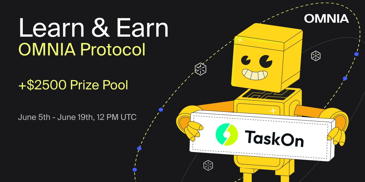 omnia_protocol's tweet photo. 📣 Let the ‘Learn and Earn’ begin TODAY!

You have until June 19th to lock down your piece of the $2500+ prize pool or win a sold-out OMNIA NFT worth 1 ETH (roughly $1800).

Good luck!✌
Get on board at @taskonxyz👇
https://t.co/oyjdZSdpZp https://t.co/P4FFxhwrwq