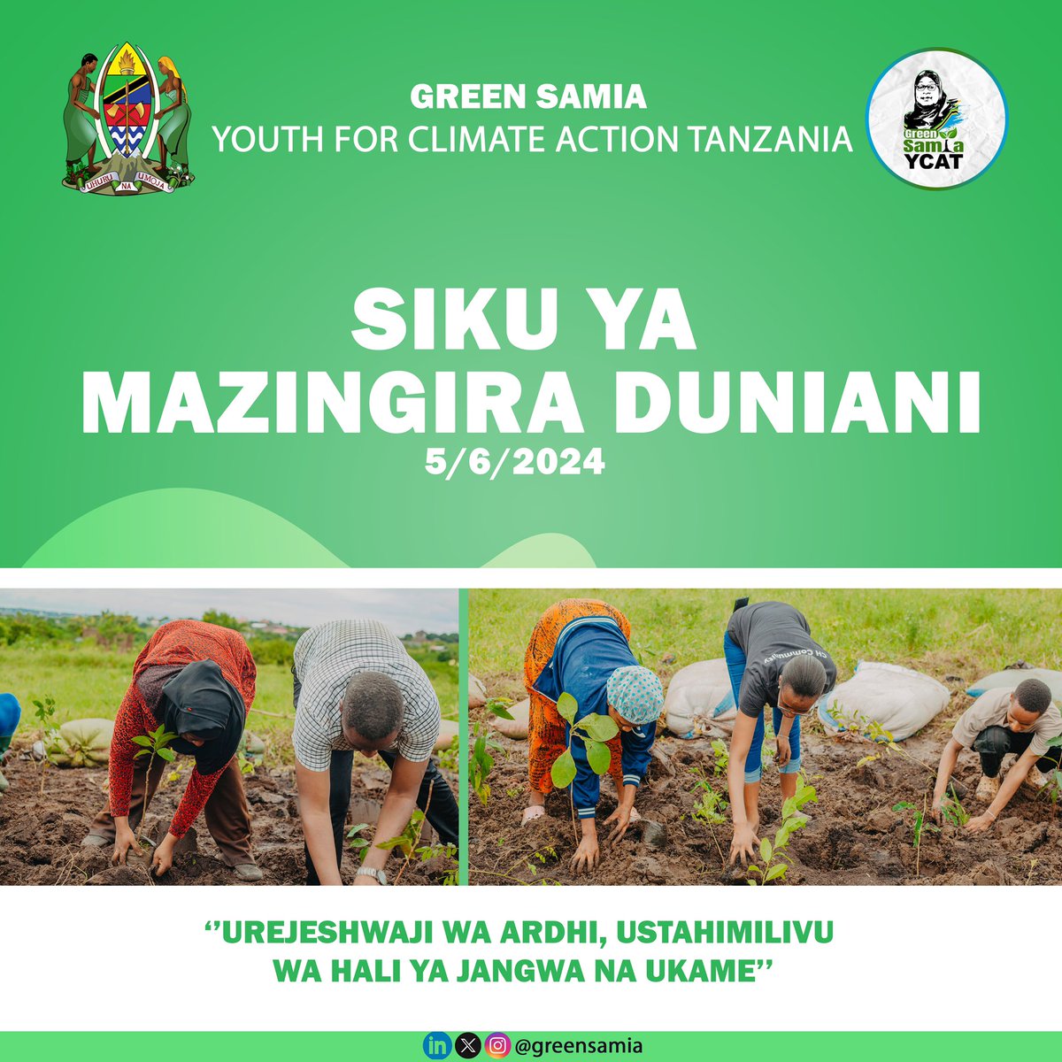 Green Samia (@greensamia_23) on Twitter photo Urejeshwaji wa Ardhi, Ustahimilivu wa Hali ya Jangwa na Ukame.
Happy World Environmental Day🍀
#MamaWaKijani💚
@samia_suluhu_hassan 
@ikulu_mawasiliano 
@warsam85 
@laurelkivuyo Urejeshwaji wa Ardhi, Ustahimilivu wa Hali ya Jangwa na Ukame.
Happy World Environmental Day🍀
#MamaWaKijani💚
@samia_suluhu_hassan 
@ikulu_mawasiliano 
@warsam85 
@laurelkivuyo