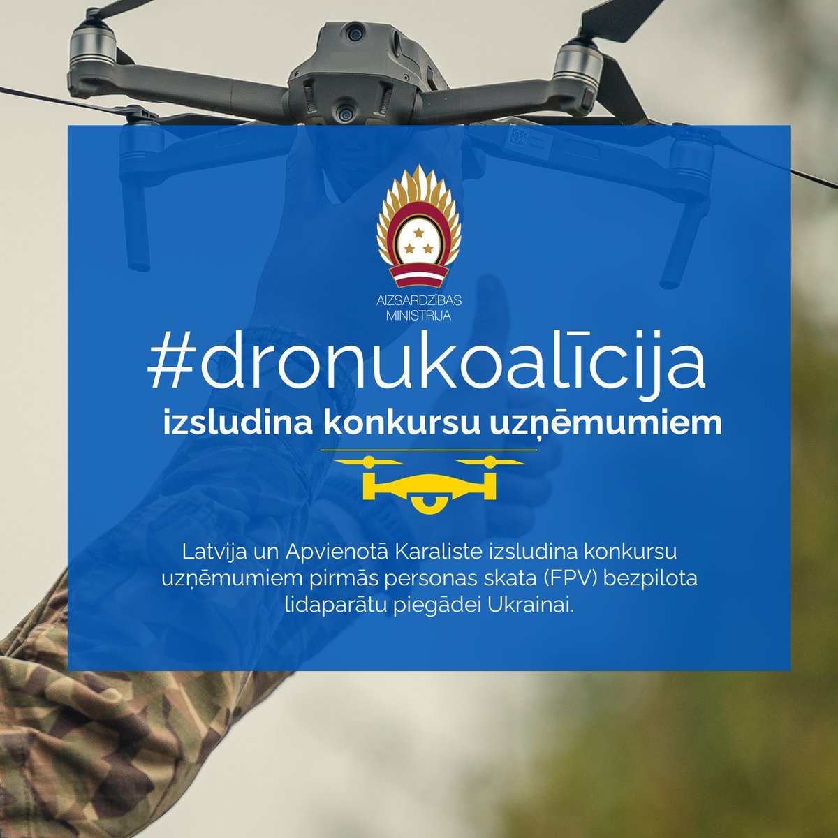 #dronukoalīcija Uzņēmēj, piesakies līdz 2024. gada 1. jūlijam! Konkurss uzņēmumiem pirmās personas skata (FPV) bezpilota lidaparātu piegādei Ukrainai. ✅ Uzzini vairāk: ej.uz/b3vs ✅ Piesakies : ej.uz/3nkw