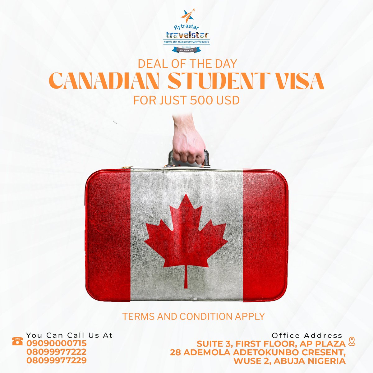 flytrastar's tweet photo. DEAL OF THE DAY🔥

GRAB YOUR CANADIAN STUDENT VISA FOR JUST $500.

#travel 
#canada 
#visa 
#tourism 
#trending https://t.co/fvmgGKNyaZ