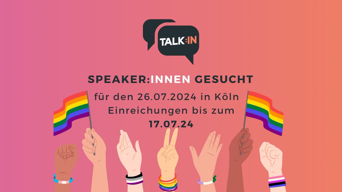 TALK:IN geht in die nächste Runde! 🎉

Am 26.07. in Köln als Pride Edition. 🏳️‍🌈Dafür suchen wir Speaker:innen für einen Impulsvortrag (30-60 Min) mit Bezug auf Queerness in der Spielebranche. Die Vorträge können auf Deutsch oder Englisch sein.

⬇️ Anmeldelink ⬇️