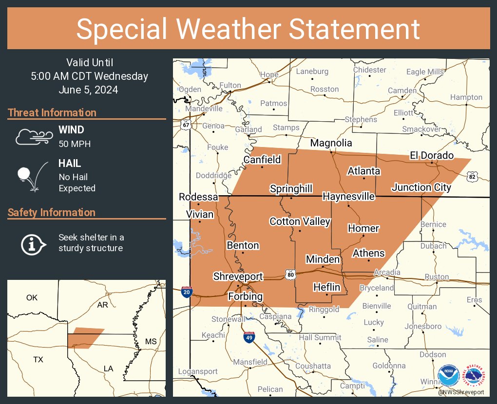 A special weather statement has been issued for Shreveport LA, Bossier City LA and El Dorado AR until 5:00 AM CDT