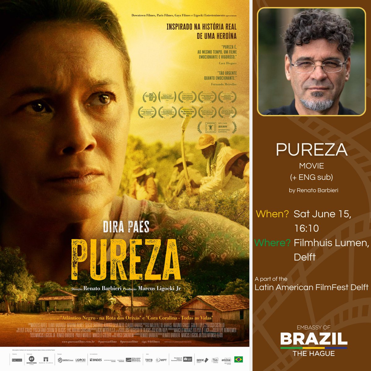 We are delighted to extend an invitation for a movie screening at Filmhuis Lumen, Delft. As part of the Latin American FilmFest, Brazilian cinema will be represented by Pureza, directed by Renato Barbieri.

Tickets are available online <a href="/FilmhuisLumen/">Filmhuis Lumen Delft</a> 

<a href="/purezaofilme/">purezaofilme</a> <a href="/gayafilmes/">GAYA Filmes</a>