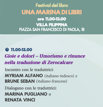 Sabato 8 giugno alle 10:30 a <a href="/MarinaDiLibri/">Unamarinadilibri</a> si terrà un incontro dal titolo "Gioie e dolori – Umorismo e rinunce nella traduzione di Zerocalcare", dove le traduttrici Myriam Alfano (IT>DE) e Brune Seban (IT>FR) dialogheranno con Marina Pugliano e Renata Vinci. 1/2