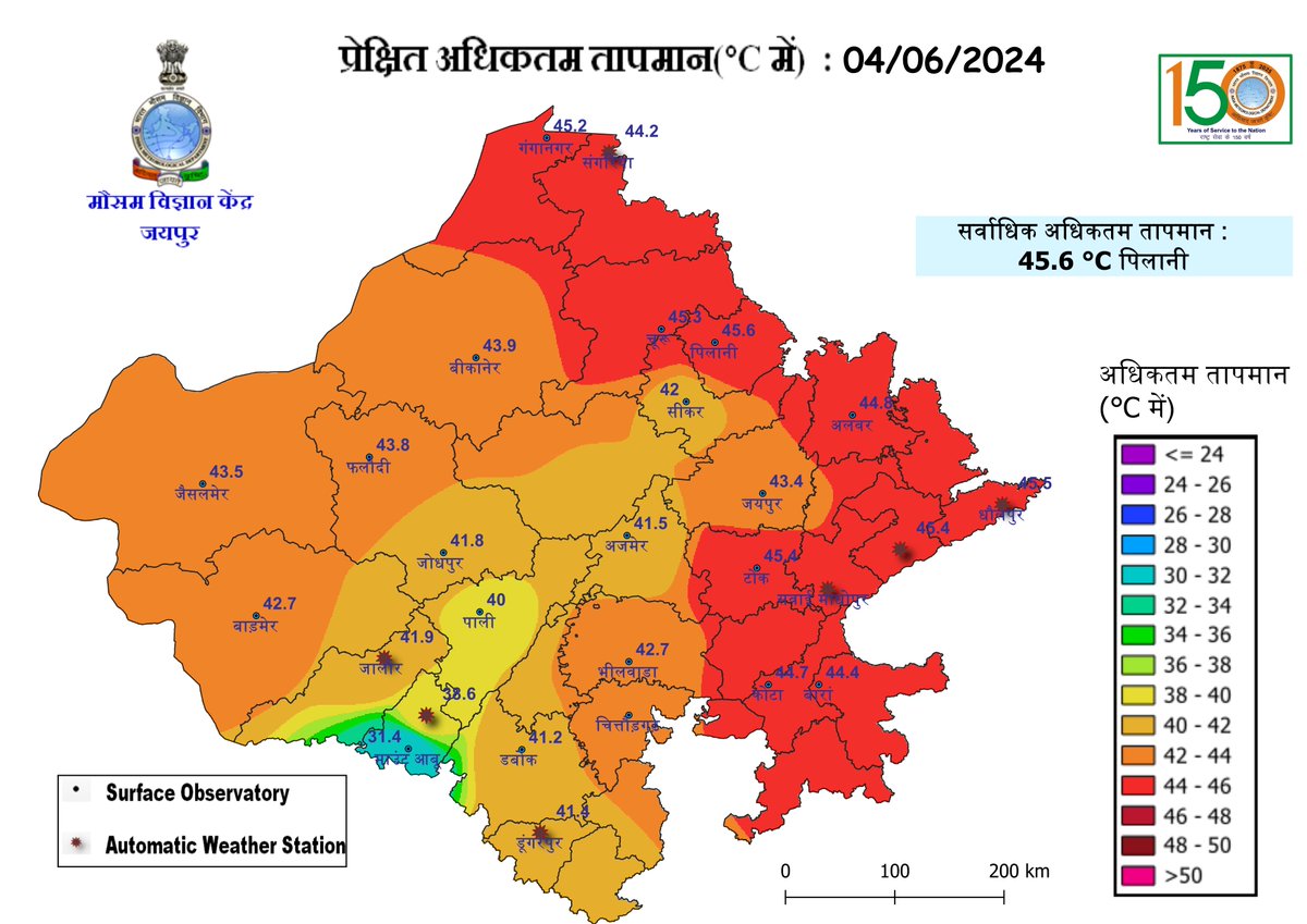 IMDJaipur's tweet photo. राजस्थान तापमान अपडेट: 05 जून
 🔷पिछले 24 घंटों में राज्य के उत्तरी व पश्चिमी भागों में अधिकतम तापमान 45 डिग्री सेल्सियस से ऊपर दर्ज किया गया है। सर्वाधिक अधिकतम तापमान 45.6  डिग्री पिलानी में दर्ज किया गया।

मौसम विज्ञान केंद्र
जयपुर https://t.co/vr6jMvOiNp