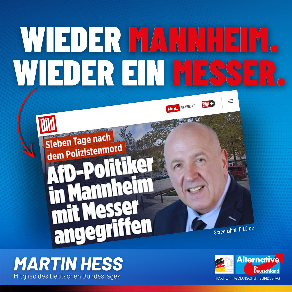 Martin_Hess_MdB's tweet photo. Erneut kam es in Mannheim zu einem Messerangriff. Diesmal ist das Opfer ein AfD-Gemeinderatskandidat. Er ertappte in der gestrigen Nacht drei Plakatabreißer auf frischer Tat, sprach sie an und wurde daraufhin brutal mit einem Teppichmesser attackiert. Der 62-Jährige wurde am Kopf und am Bauch verletzt und musste im Krankenhaus behandelt werden. Einer der Täter wurde festgenommen, seine beiden Begleiter sind auf der Flucht. 

Wieder einmal hat eine politisch motivierte Gewalttat einen Politiker der AfD getroffen. Während man uns permanent vorwirft, für die Verrohung des politischen Diskurses verantwortlich zu sein, sieht die Realität völlig anders aus. Tatsächlich ist es die AfD, die vom politischen Establishment in völlig inakzeptabler Weise diffamiert und stigmatisiert wird. Entmenschlichende Nazi-Vergleiche ermutigen vor allem Linksextremisten, uns anzugreifen, wie man nun erneut in Mannheim sieht.

Ich wünsche meinem Parteikollegen rasche Genesung und ich fordere von den anderen Parteien eine klare Verurteilung dieser Tat. Die politische Konkurrenz und ein großer Teil der Medien müssen im Umgang mit uns endlich zur Vernunft zurückkehren. Alles andere begünstigt weitere Gewaltakte gegen unsere Partei und beschädigt damit in immer stärkeren Maße unsere Demokratie! Das muss aufhören.

https://t.co/jJ1F4ja0UT

#Mannheim #Rouven #Messer #Messerangriff #Messerattacke #Faeser #AfD #Gewalt #Mannheimistüberall