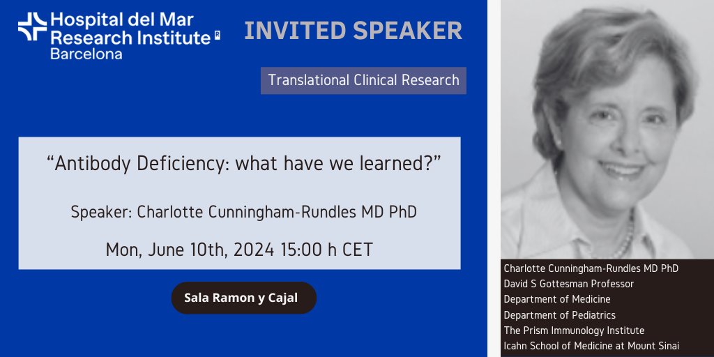 SCImmunologia's tweet photo. 📢 Conferència "Antibody deficiency: what have we learned?"

👩‍🎓 Ponent: Charlotte Cunningham-Rundles (Icahn School of Medicine at Mount Sinai, USA).

📅🕒 10 de Juny de 2024, a les 15:00h.

📍 Sala Ramon y Cajal (Institut de Recerca de @hospitaldelmar).

⭐️ Molt recomanable!!! https://t.co/tVDVGeHfjN