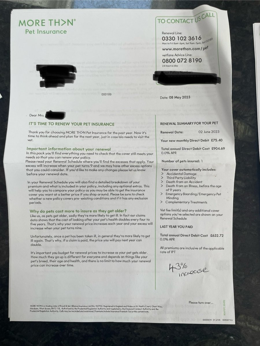 Pet insurance renewal arrived. Last year it increased 43%, this year 48%. I have made no claims, ever! Checked price comparison website and as a new customer would pay just over what I paid two years ago, for the exact same cover - how can this be right? <a href="/MartinSLewis/">Martin Lewis</a> <a href="/MORETHAN/">MORE THAN</a>