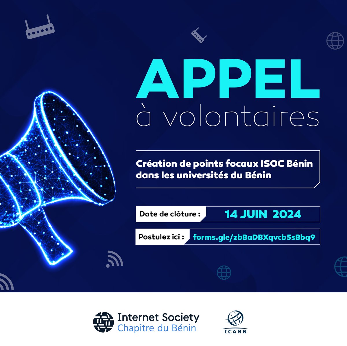 Hello,

Comme vous le savez, ISOC Bénin envisage d'établir des points focaux dans toutes les universités du pays.

Si vous êtes intéressé(e), les inscriptions se poursuivent. Rendez-vous sur : forms.gle/zbBaDBXqvcb5sB… .

Bonne chance !