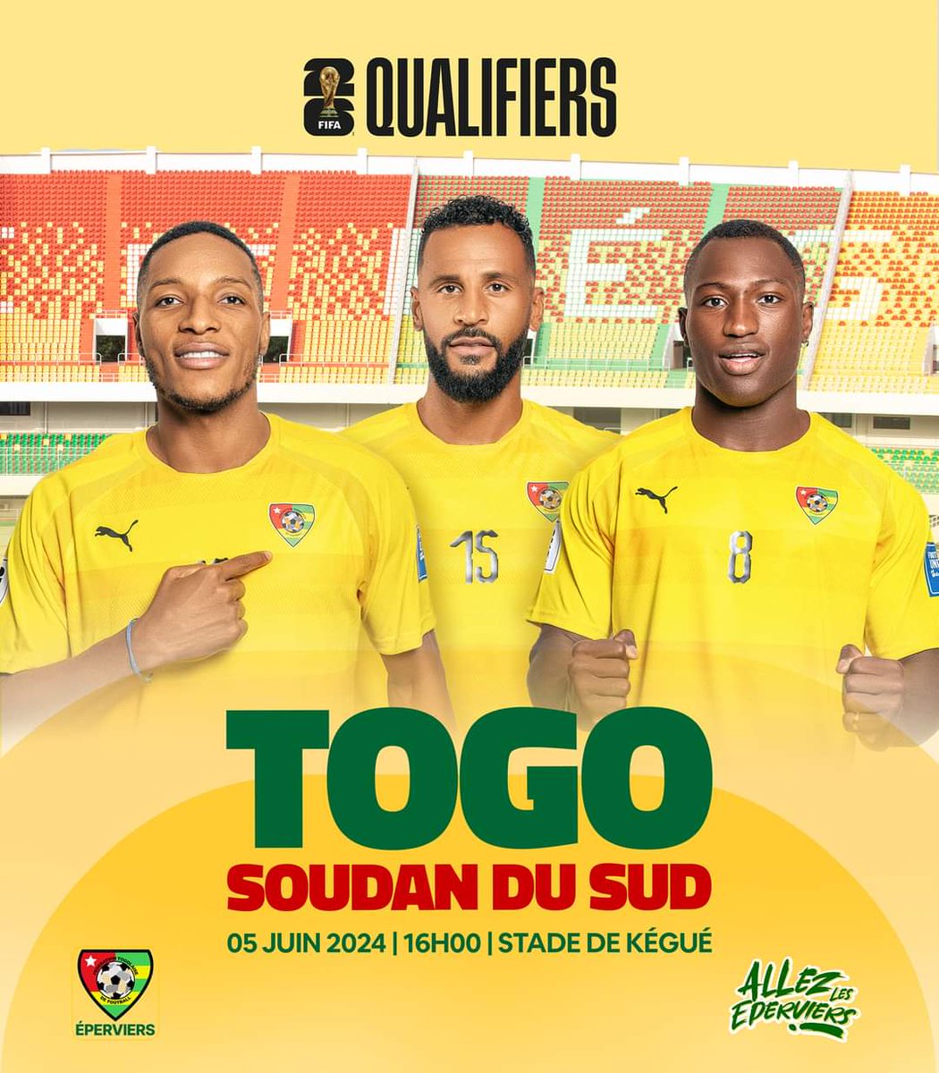 Les Éperviers du Togo porteront un nouveau kit de maillot à compter de cette nouvelle journée des qualifs pour le Mondial 2026🥰

🏟️ Stade de Kégué 
🕓 16h GMT
📺 New World Sport 1 
📱 #TOGSSD 

#TousEperviers
