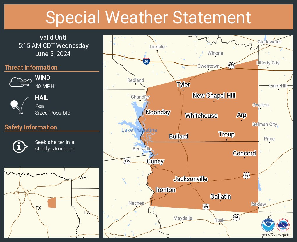 A special weather statement has been issued for Tyler TX, Jacksonville TX and Whitehouse TX until 5:15 AM CDT