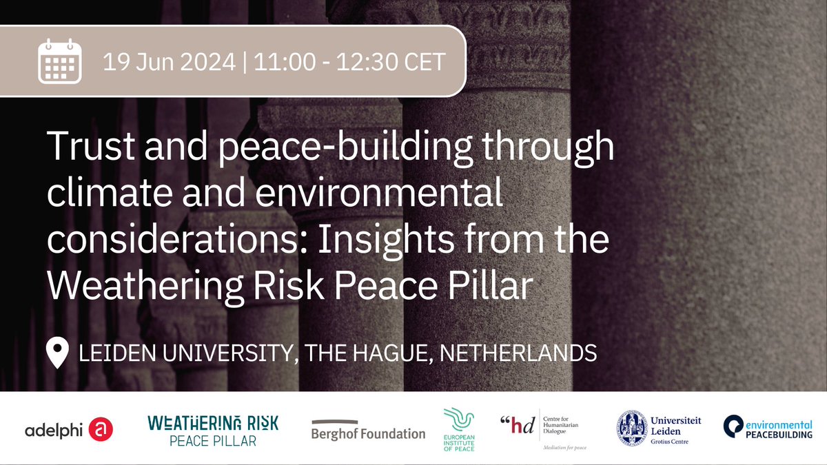 Climate Diplomacy and Security (@climatediplo) on Twitter photo How can we mainstream climate and environmental considerations to build trust and sustain peace?
Join us at this session <a href="/EnvPeacebuild/">Environmental Peacebuilding Association</a> conference and discover practical insights from #WeatheringRisk #PeacePillar projects around the world.
🌱🤝 adelph.it/EnPax2024 How can we mainstream climate and environmental considerations to build trust and sustain peace?
Join us at this session <a href="/EnvPeacebuild/">Environmental Peacebuilding Association</a> conference and discover practical insights from #WeatheringRisk #PeacePillar projects around the world.
🌱🤝 adelph.it/EnPax2024