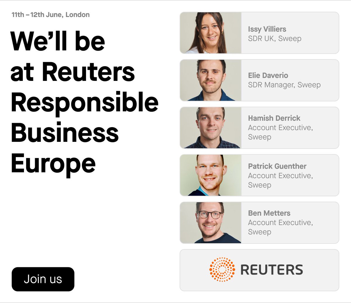 Who's joining us at <a href="/Reuters/">Reuters</a> Responsible Business Europe June 11 + 12? 
We'd love to talk about:

✳ your sustainability programs &amp; how you're tracking progress
✳ managing data &amp; disclosures
✳ moving from data collection, to sustainability action

👉 go.sweep.net/3VkA6Kl