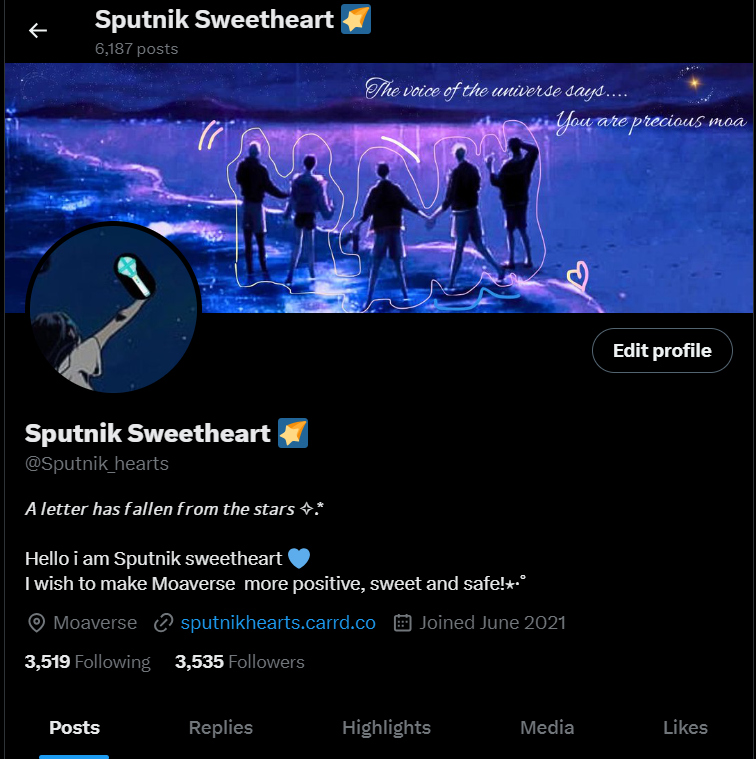 Sputnik_hearts's tweet photo. Hello moas! Please help me find my old moots! 💙💙
This is sputnik sweetheart!
I am back after 6 months!
Hugs to all moas 🫂🫂🫂🫂🫂
#Moaville #Moaverse #MOAisONE https://t.co/MCek7EvrW7