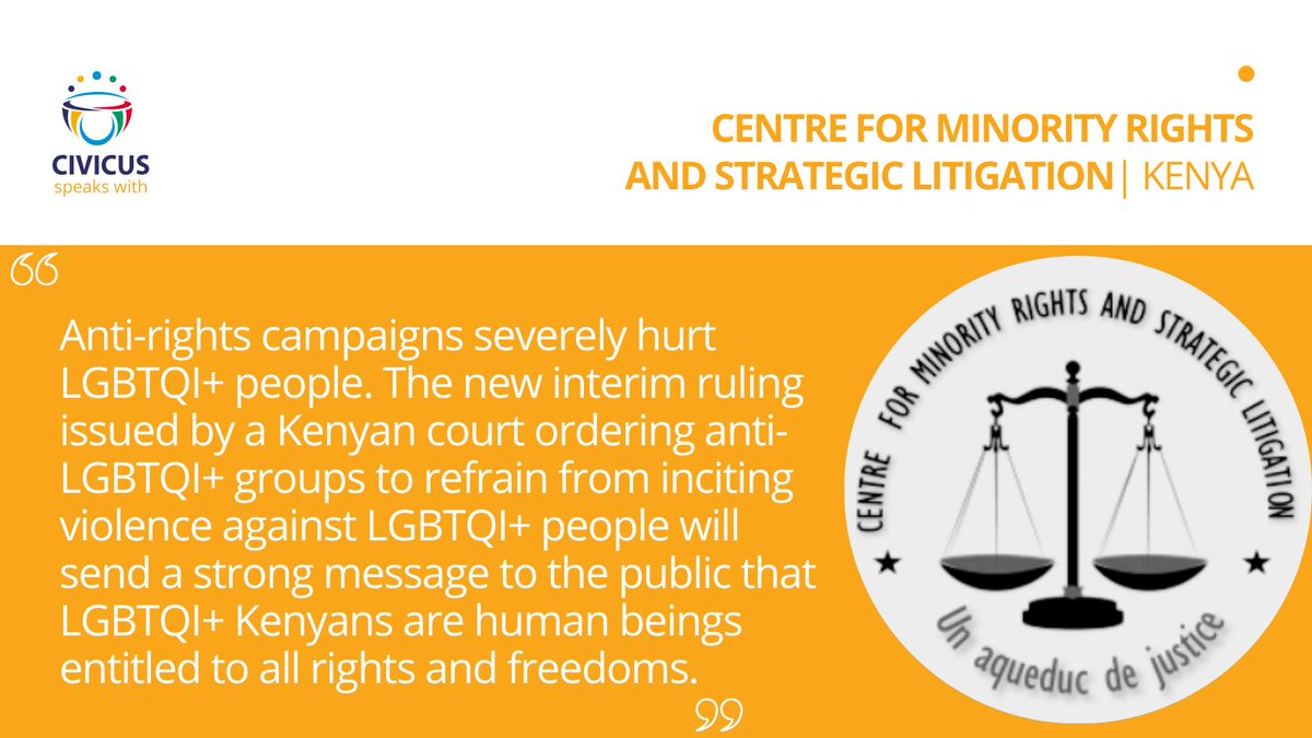 CIVICUSalliance's tweet photo. 🇰🇪KENYA: ‘The court sent a message that LGBTQI+ people are human beings entitled to all rights and freedoms’ - @CMRSLTrust 
🔗https://t.co/tjB78CD6HC 

#CIVICUSLens #PrideMonth #LGBTQIRights #equalityforall https://t.co/1Xc6SA2FHJ