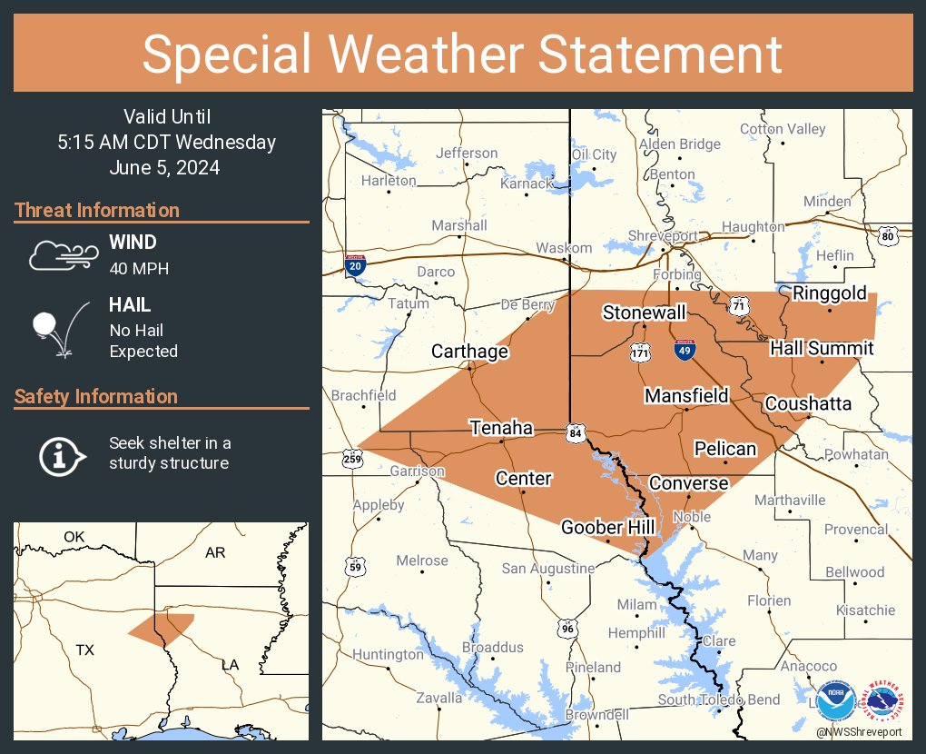 A special weather statement has been issued for Carthage TX, Center TX and Mansfield LA until 5:15 AM CDT