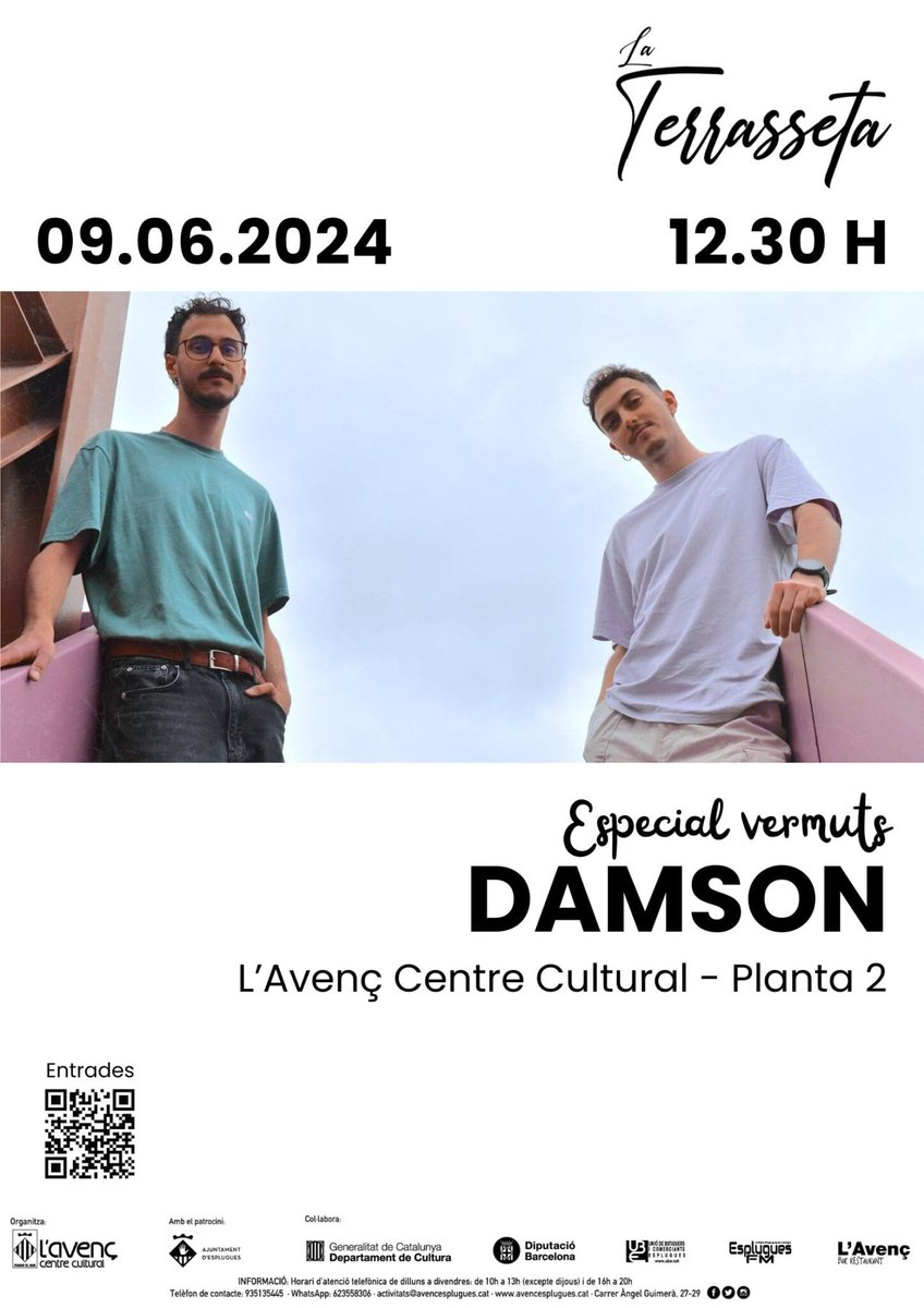 EntraPolis (@entrapolis) on Twitter photo 📢 Damson - La Terrasseta 2024
🗓️ 9 de Juny
🕘 12:30 h
📍Esplugues de Llobregat
➡️🎟️ entrapol.is/vBWSr
#Entrapolis #cultura #concert #música #familiar <a href="/AvencEsplugues/">L'Avenç Centre Cultural d'Esplugues</a> <a href="/ajesplugues/">Ajuntament d'Esplugues de Llobregat</a> 📢 Damson - La Terrasseta 2024
🗓️ 9 de Juny
🕘 12:30 h
📍Esplugues de Llobregat
➡️🎟️ entrapol.is/vBWSr
#Entrapolis #cultura #concert #música #familiar <a href="/AvencEsplugues/">L'Avenç Centre Cultural d'Esplugues</a> <a href="/ajesplugues/">Ajuntament d'Esplugues de Llobregat</a>