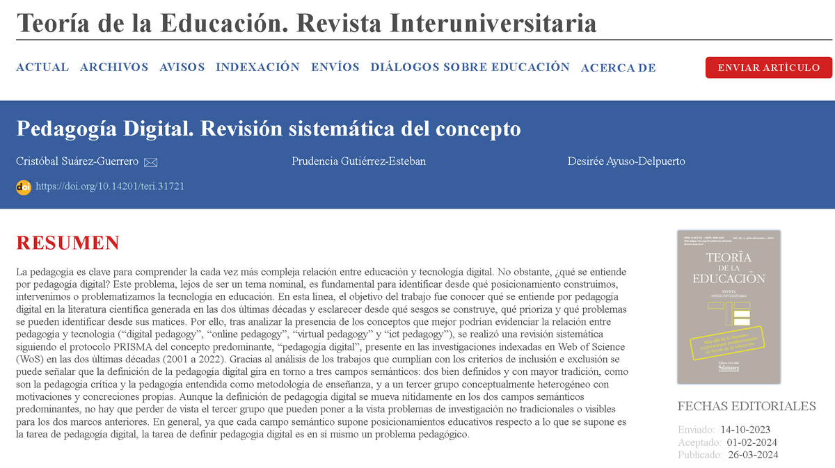 cristobalsuarez's tweet photo. Nuevo número de @RevTeoriaEdu Vol. 36, 2 (2024): Más allá de lo humano: exploraciones posthumanistas en Teoría de la educación https://t.co/i4SAG66gUo donde @Prudenge @desiree_ayuso y yo hemos publicado #Pedagogía Digital. Revisión sistemática del concepto https://t.co/FLkNEzuMmb https://t.co/80pDhIF4fy