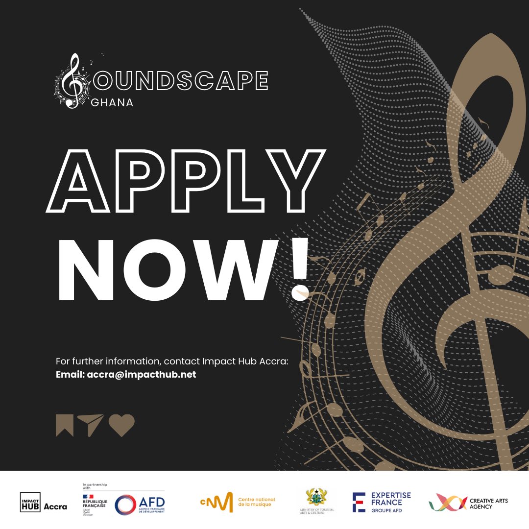 Money might make the world go round, but 🎶music🎶 is where the heart of the world is.

The <a href="/AFD_France/">Agence Française de #Développement (AFD) 🇫🇷 🇪🇺</a> and <a href="/caagh/">Creative Arts Agency, Ghana</a> are highlighting the music industry’s unsung heroes: music publishers via 🎧Soundscape Ghana🎧

Apply here: docs.google.com/forms/d/e/1FAI…