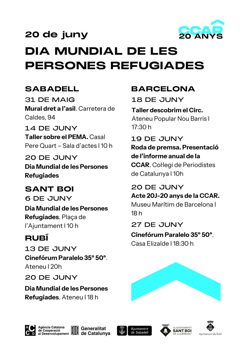 👥 Un any més, pel #DiaMundialdelesPersonesRefugiades, seguim denunciant els obstacles que es troben les persones que es veuen obligades a fugir dels seus països i reivindicant la necessitat de garantir els drets de les persones refugiades. 

Consulta les activitats del #20J 👇