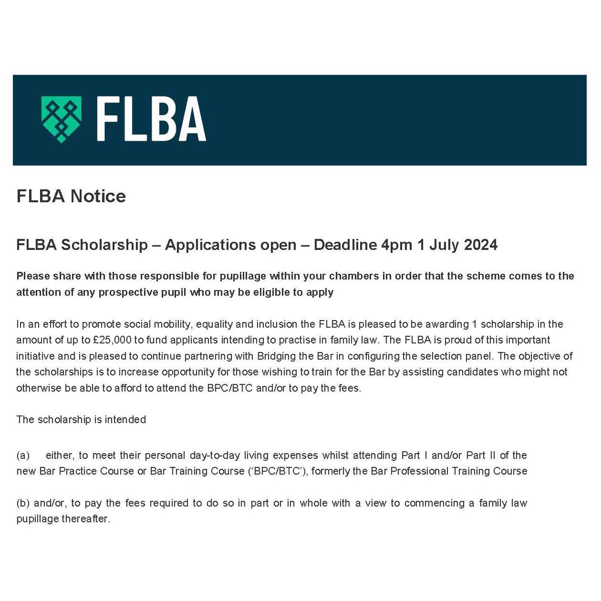 4PBFamilyLaw's tweet image. The FLBA scholarship application is open!

The committee is headed by our very own Joy Brereton KC, with @mani_basi as a panel member of the committee and @srishtisuresh1 as a representative of @BridgeTheBar

Deadline: 1 July 2024 

Application form:
flba.us6.list-manage.com/track/click?u=…