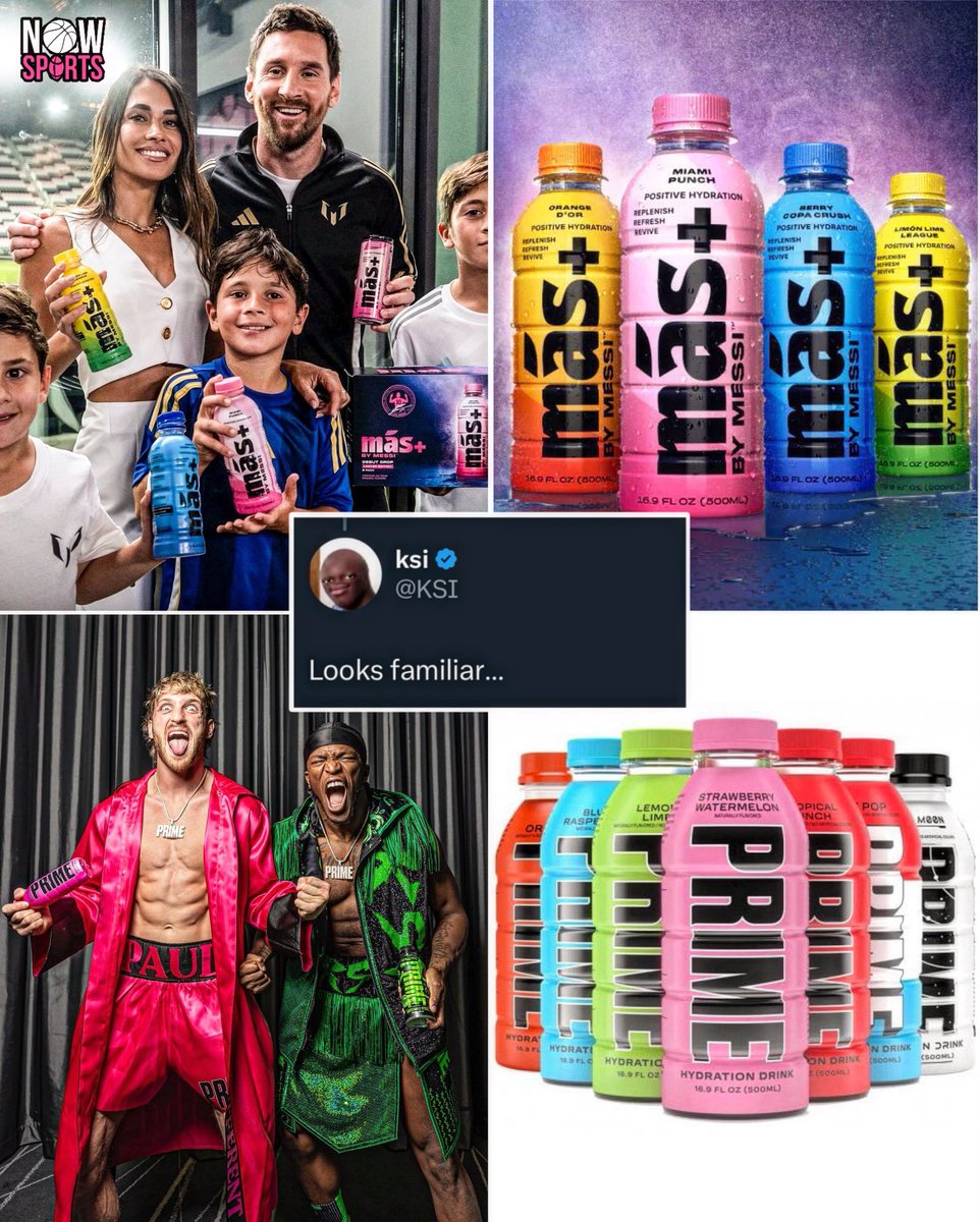 NowSportsX's tweet photo. Lionel Messi has launched his hydration drink called Mas+, drawing comparisons to ‘PRIME’ by KSI and Logan Paul due to their similarities. 👀 

#Messi #MasPlus #HydrationDrink #PRIME #KSILoganPaul https://t.co/pq9aIw9ZE1