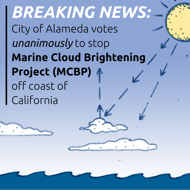 GeoEngMon's tweet photo. The @CityofAlameda Council has just voted unanimously to stop the University of Washington's @SilverLiningNGO-backed Marine Cloud Brightening Project (MCBP), which was the first open-ocean MCB #geoengineering experiment 2 take place in the US. More on MCB: https://t.co/UQRbbjQnwz https://t.co/BFjxTDCght
