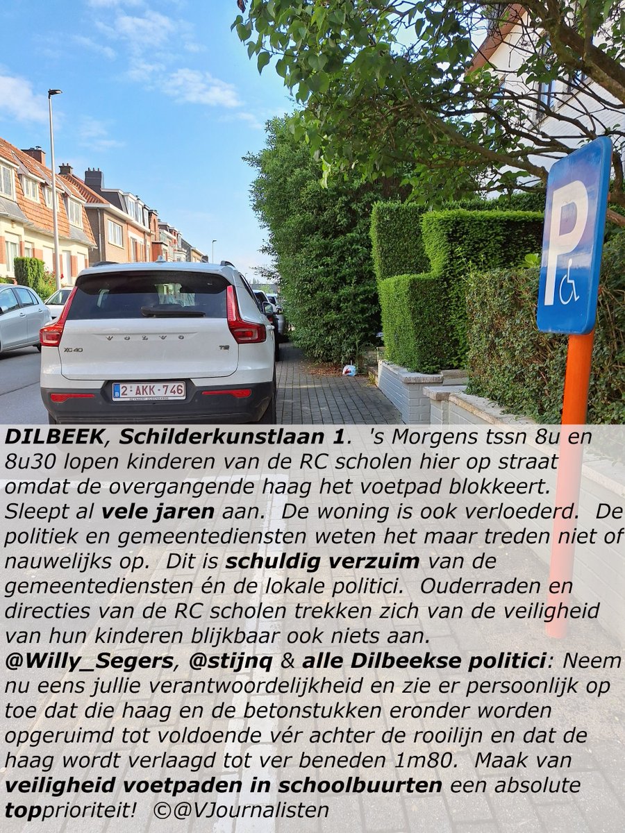 VJournalisten's tweet photo. 🆘DILBEEK Schilderkunstlaan 1, nabij RC
⚠Sleept al jaren aan‼️ Kinderen lopen hier op straat door geblokkeerd voetpad🤢
@PolitieDilbeek, @Willy_Segers, @stijnq &amp; gemeentediensten:  Wanneer gaan jullie ingrijpen⁉️Wanneer er zich een ongeval voordoet⁉️
🤢Dan is het té laat ‼️ https://t.co/clfur7kuWq